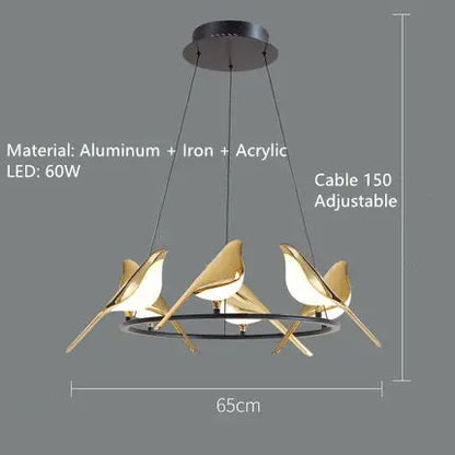 suspension LED oiseau fantaisie plaquée or design moderne ajustable.