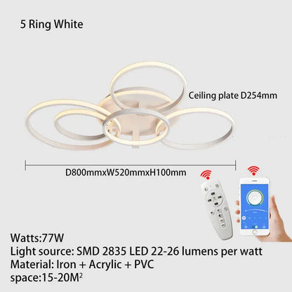 Lustre Moderne 5 Anneaux LED en Aluminium.