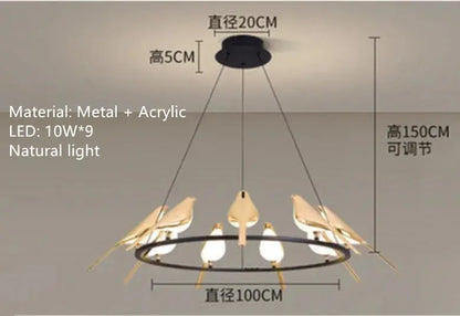 suspension LED oiseau fantaisie plaquée or design moderne ajustable.