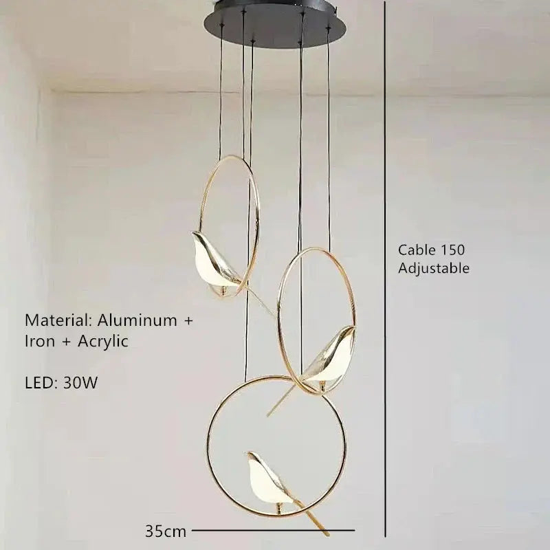 suspension LED oiseau fantaisie plaquée or design moderne ajustable.