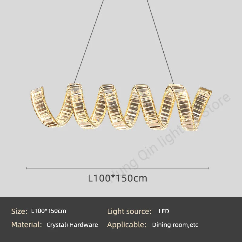 lustre suspendu design en spirale en cristal moderne.