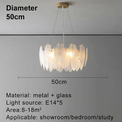 lustre moderne en verre avec plumes et lumière LED.