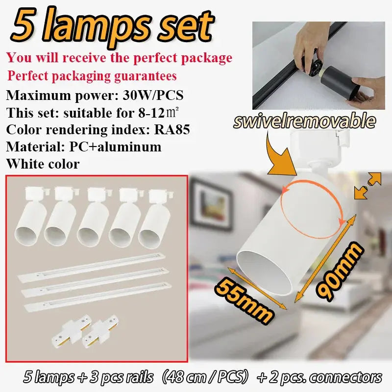 kit d'éclairage sur rail spots dimmables pour décoration intérieure.