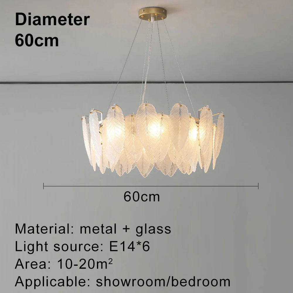 lustre moderne en verre avec plumes et lumière LED.