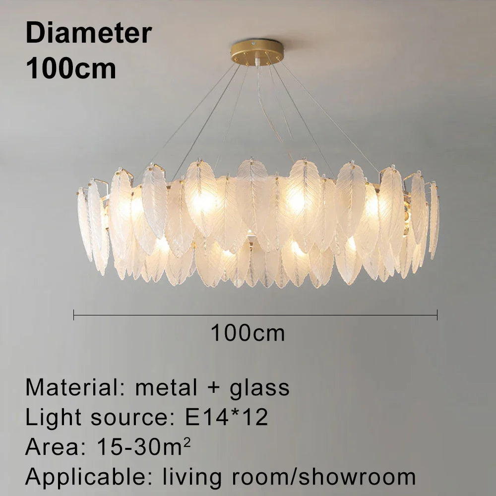 lustre moderne en verre avec plumes et lumière LED.