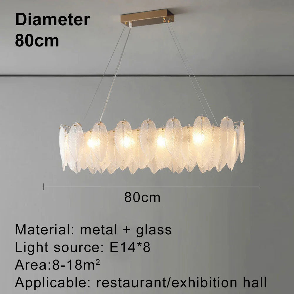 lustre moderne en verre avec plumes et lumière LED.