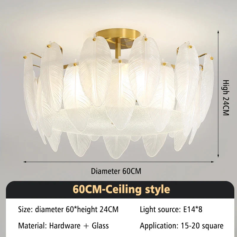 lustre moderne en verre avec plumes et lumière LED.