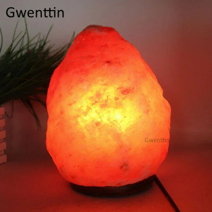 lampe de sel en cristal de l'himalaya avec veilleuse led et base en bois.