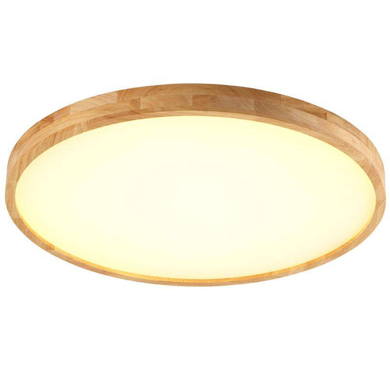 Plafonnier en bois à LED très fin en forme de rond.