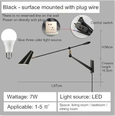applique murale créative à bras long avec interrupteur.