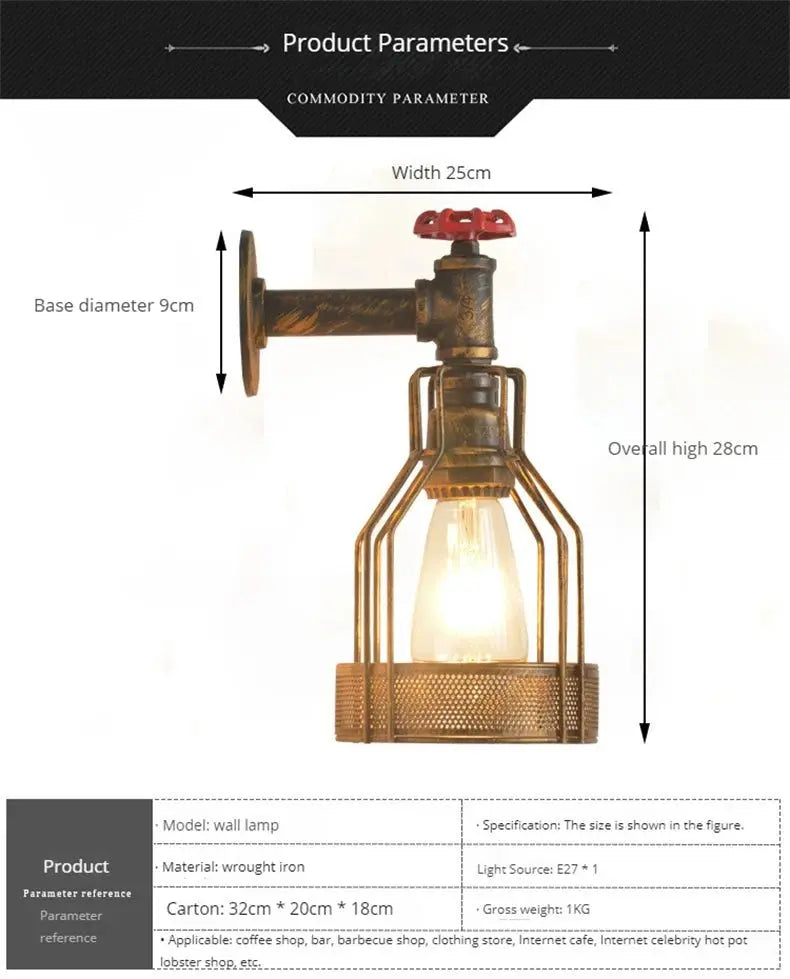 applique murale industrielle rétro en forme de tuyau d'eau avec corde.