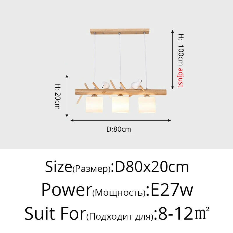 lustre en bois nordique avec éclairage en verre oiseaux 2 ou 3 têtes.