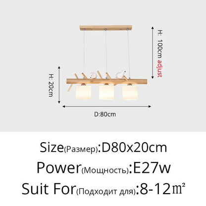 lustre en bois nordique avec éclairage en verre oiseaux 2 ou 3 têtes.