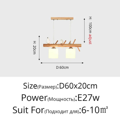 lustre en bois nordique avec éclairage en verre oiseaux 2 ou 3 têtes.