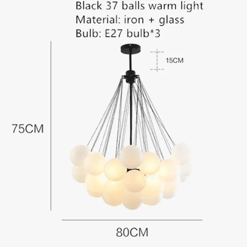 lustre moderne en métal avec boule en verre et bulles décoratives.