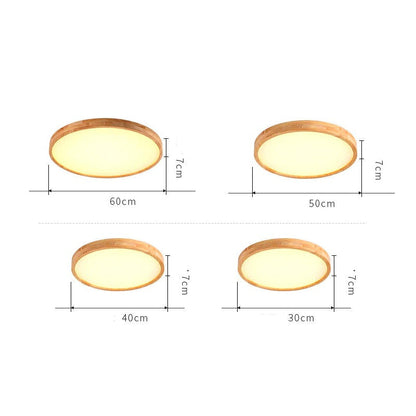 Plafonnier en bois à LED très fin en forme de rond.