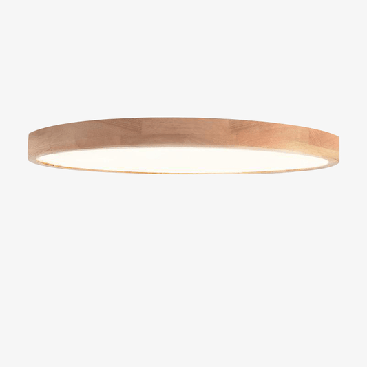 Plafonnier en bois à LED très fin en forme de rond.