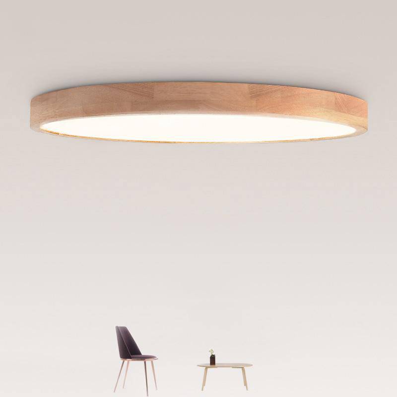 Plafonnier en bois à LED très fin en forme de rond.